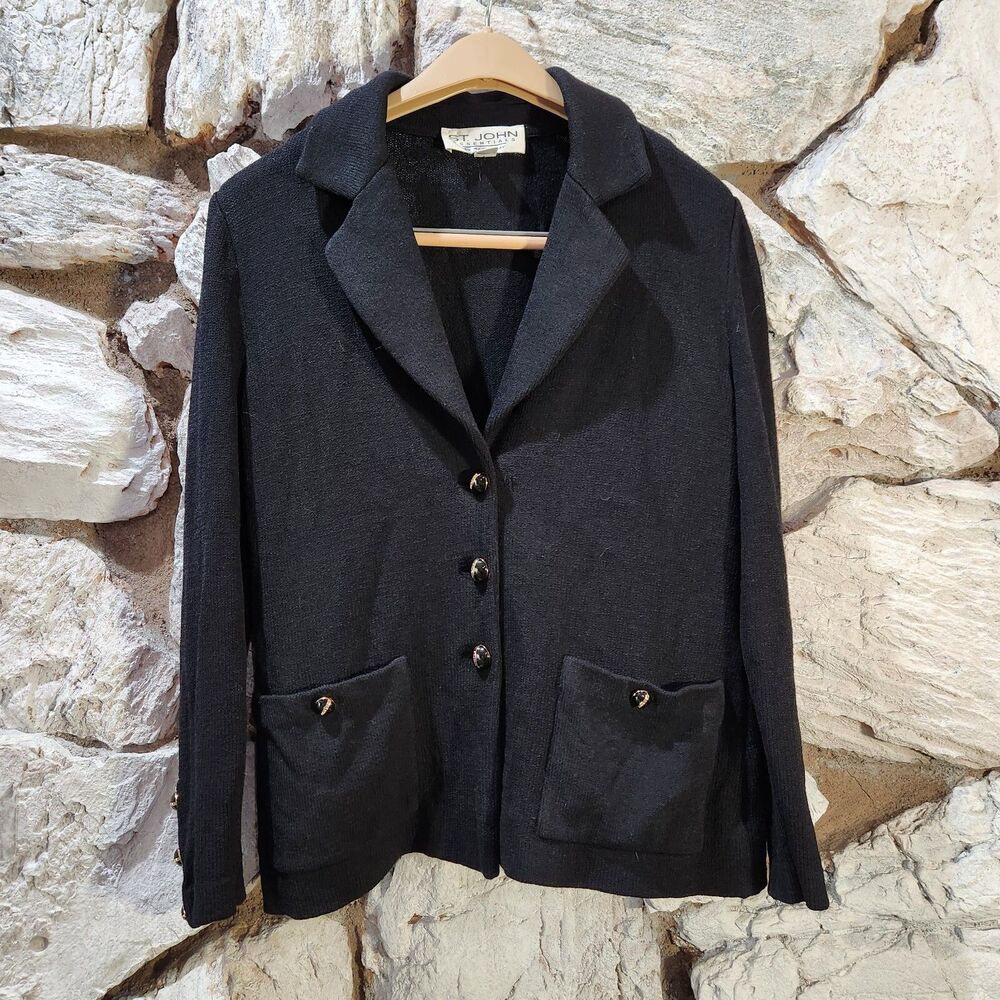 St. John Essentials Knit Blazer Black Gold Women's Size 4 Buttons Long Sleeve
